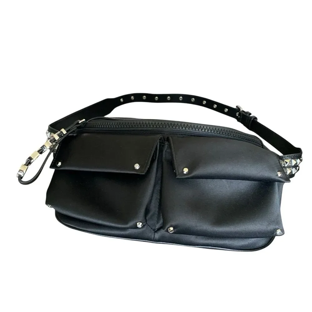 Michael Kors Olivia Large Studded Satin Belt Bag Black Silver Zip Up Goth NWOT